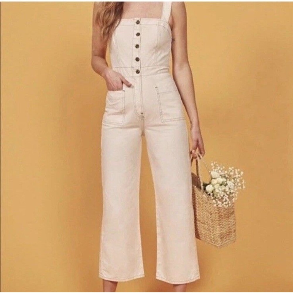 Reformation Ivory Square Amory Top‎ Stitching Wide Overalls Jumpsuit Crop Denim
